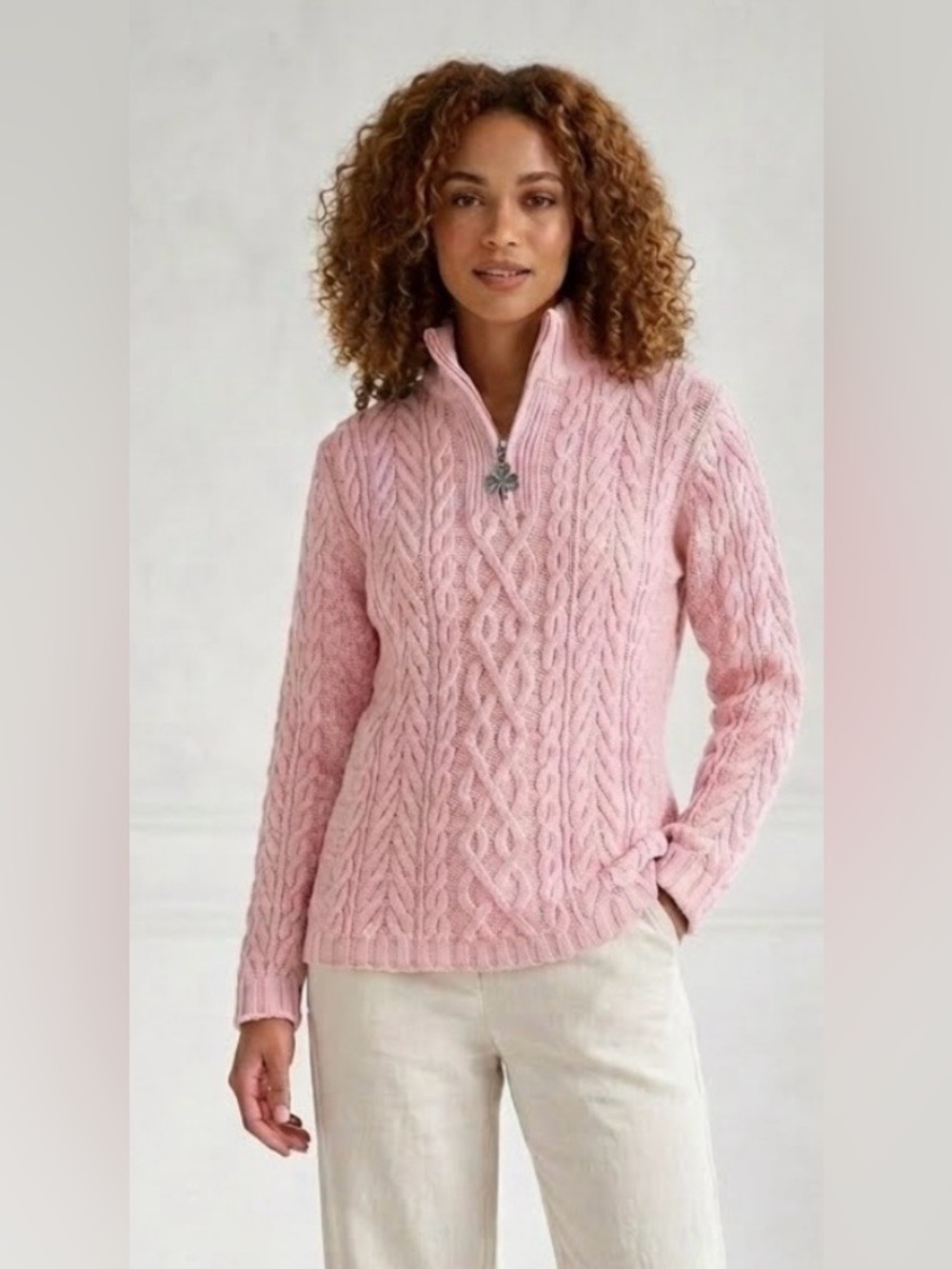 Aran Crafts Pink Merino Wool Quarter Zip Cable Knit Sweater M - Picture 8 of 10
